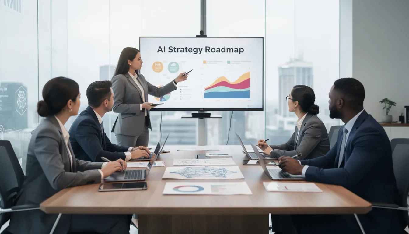 A diverse team of professionals is collaborating in a modern conference room, discussing strategies for artificial intelligence and machine learning systems. The atmosphere is dynamic as they explore AI tools and technologies to solve complex problems and enhance business strategy in the AI era.